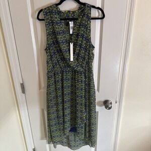 Kut From The Kloth Evy Dress Blue & Lime Geometric Faux Wrap Dress Sz 12 NWT